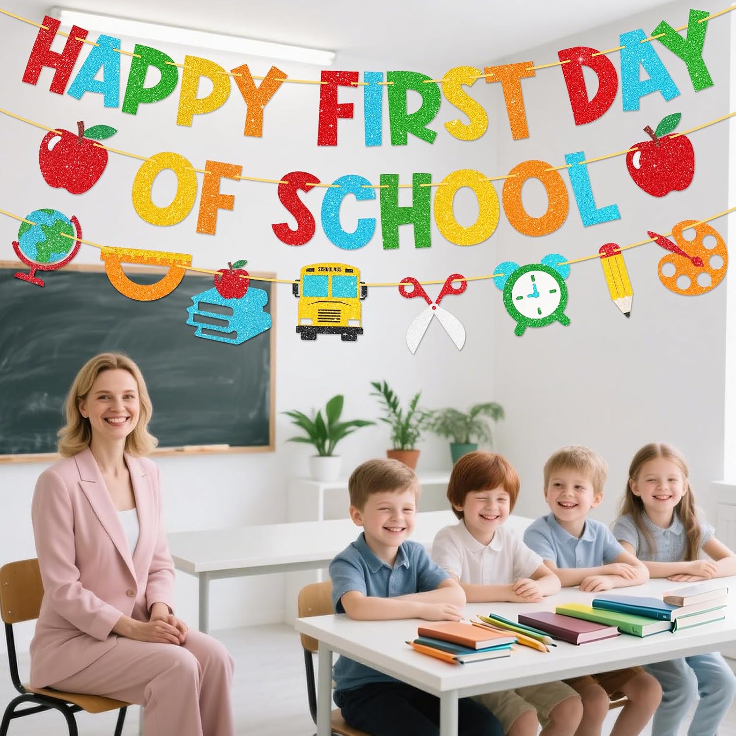 Shzbtdo Pre-Strung Happy First Day of School Banner, Glitter First Day of Kindergarten Decorations for Classroom, Welcome School Decorations for Kindergarten PreK 1st Grade Students