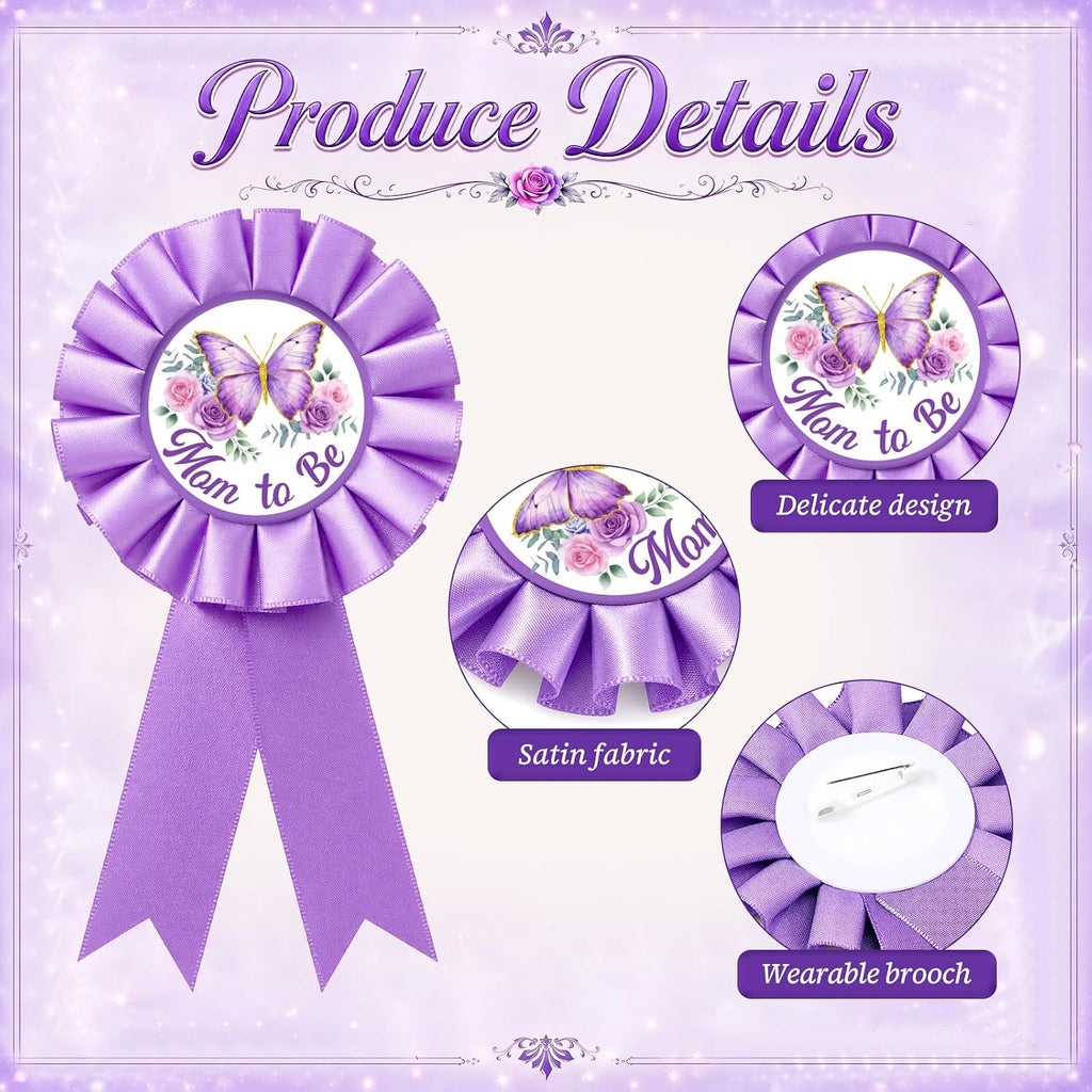 Chunful Butterfly Theme Mom to Be Sash Baby Shower Dad to Be Pin and Flower Crown Headband for Gender Reveals Party Baby Shower Party Favors for Girls Pregnancy Photo Props Gifts (Classic,Purple)