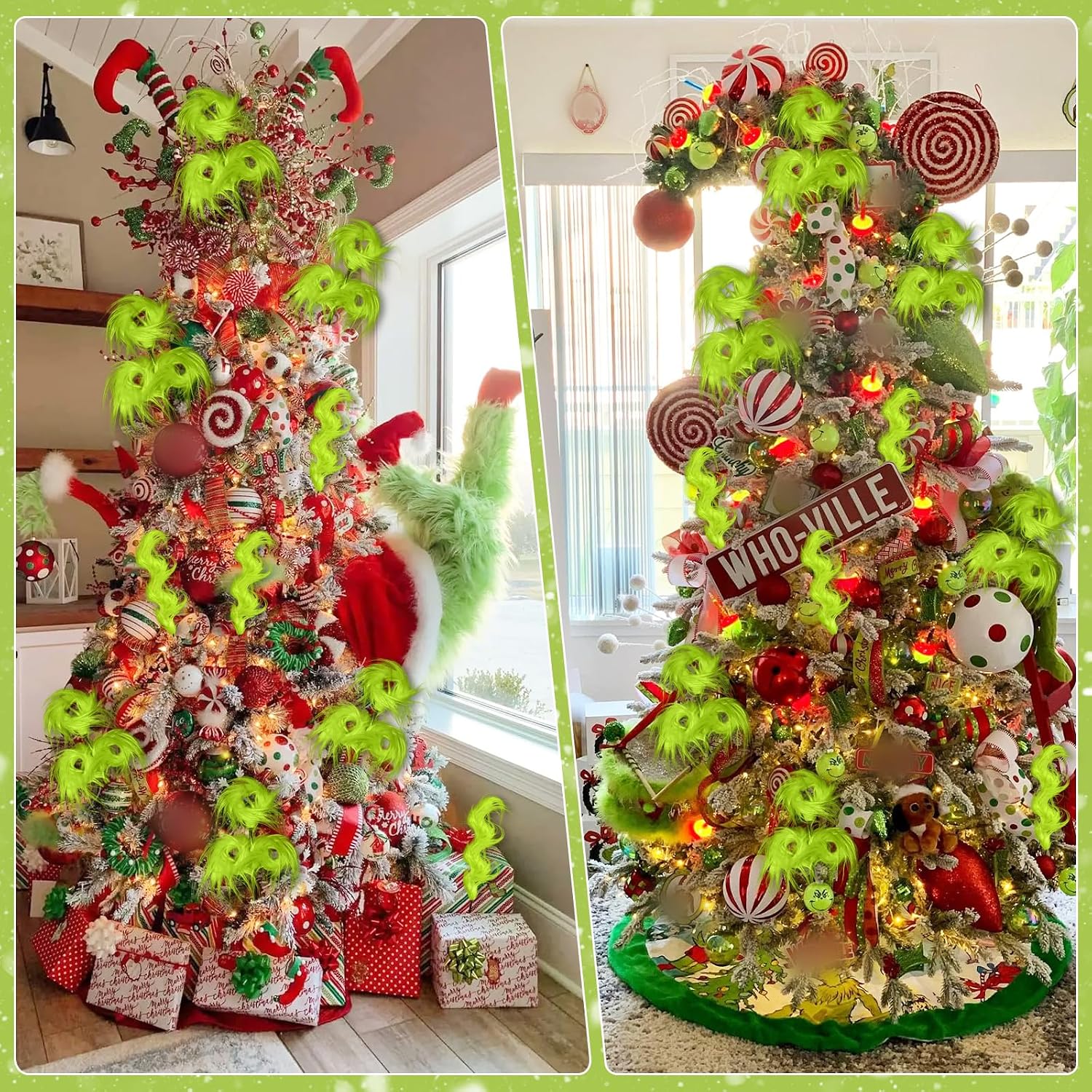 Christmas Tree Decorations, 10 PCS 17" Large Lime Green Furry Christmas Tree Topper Picks Decor Ornaments, Christmas Vase Fillers for Table Manle Gift Wrap, Xmas Home Holiday Decor