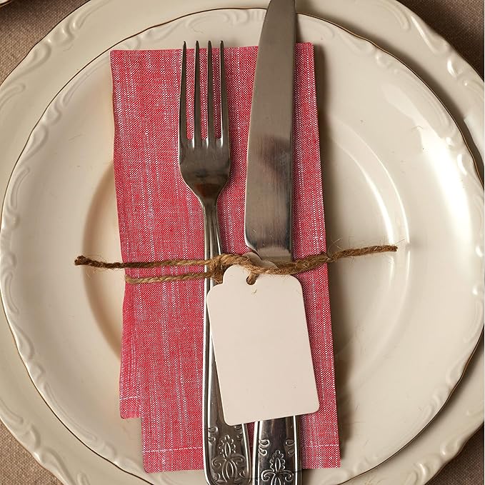 Urban Villa Dinner Napkins Red White Chambray Cloth Napkins (Set of 12) Oversized 20x20 Inches 100% Cotton Slub Premium Quality Soft Durable Mitered Corners Reusable Washable Everyday Use Napkins