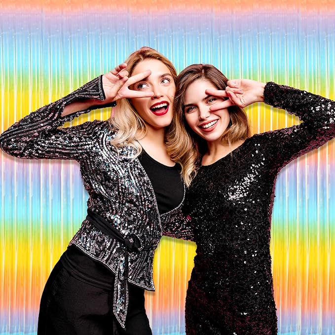 6 Pack Rainbow Foil Fringe Curtain Backdrop, 3.28Ft x 8.2Ft Metallic Tinsel Foil Fringe Streamer Curtains for Photo Booth, Birthday, Wedding, New Year Party Decorations