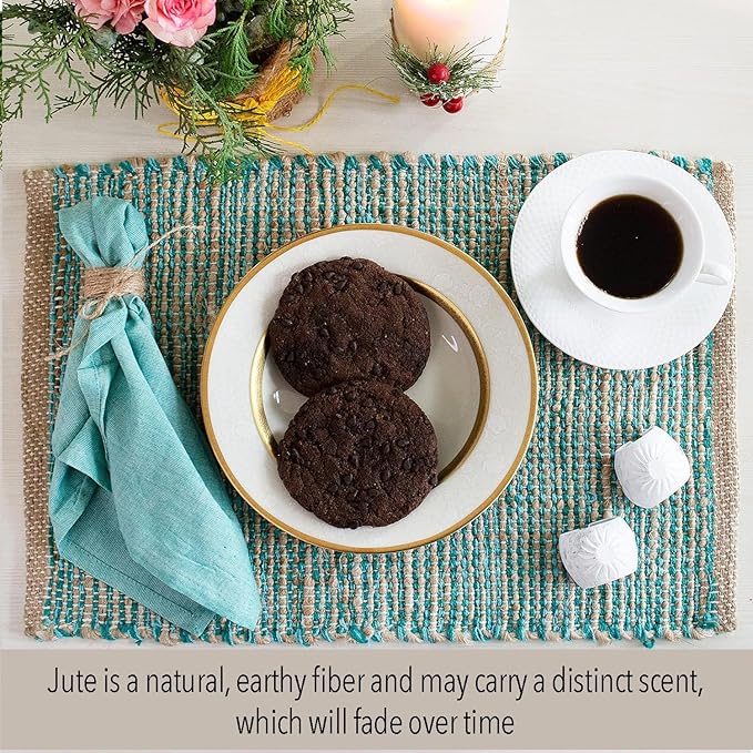 Chardin Home Natural Jute & Aqua Turquoise Placemats, Set of 4 – Rustic Handmade Boho Table Mats, 13x19 in Dining Table Placemats - Kitchen, Everyday Meals, Holidays, Farmhouse or Modern Table Décor