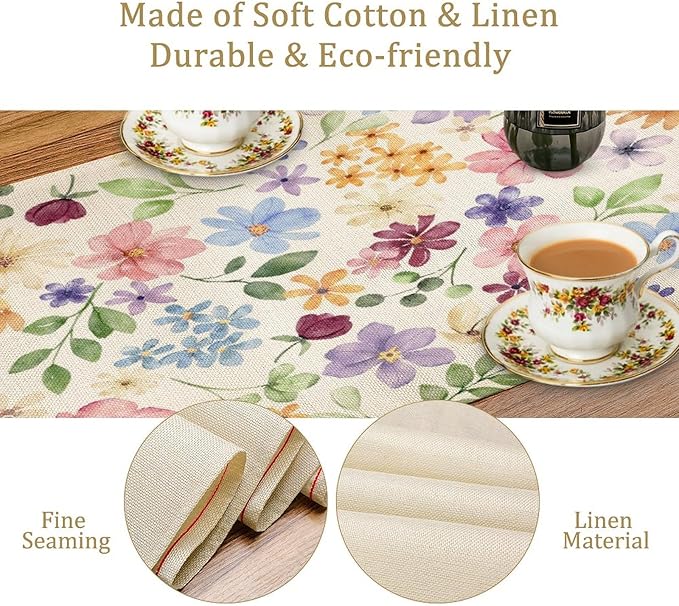 Floral Decorative Table Runner, Watercolor Floral Botanical Rustic Modern Style Pattern Printed Long Table Runner for Restaurant Kitchen Party,13in（33cm） W * 72in（184cm） L