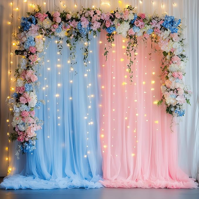 Tulle Backdrop Curtain with Lights String 10FT X 8FT Pink and Blue Sheer Tulle Backdrop Curtains for Wedding Birthday Party Reception Photo Booth Background Decorations (2 Panels 5x8FT)