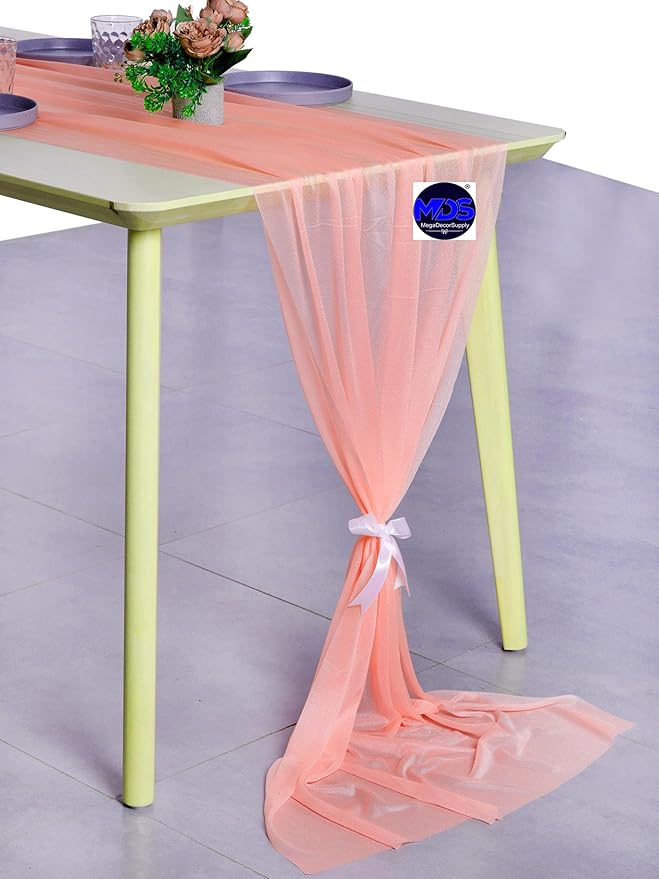 MDS 2 Pack 10ft Chiffon Table Runner 29 x 120 Inches Sheer Wedding Runner Romantic Rustic Table Runner for Wedding Decorations, Birthday Parties, Bridal Shower Party Arch Decor - Peach