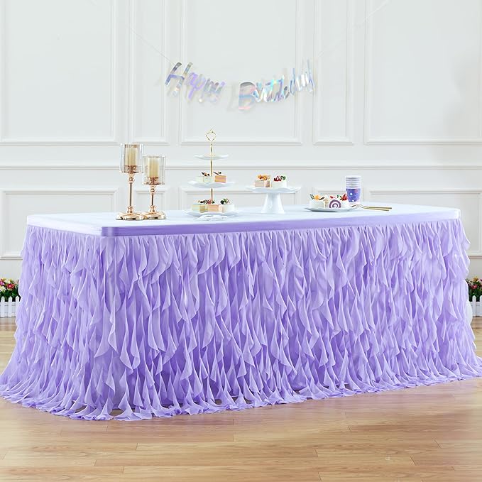 PARTISKY Lavender Purple Tulle Curly Willow Table Skirt for Rectangle Table 9ft, Ruffle Tutu Table Cloth for Girls Boys Baby Shower,Mermaid Birthday Party