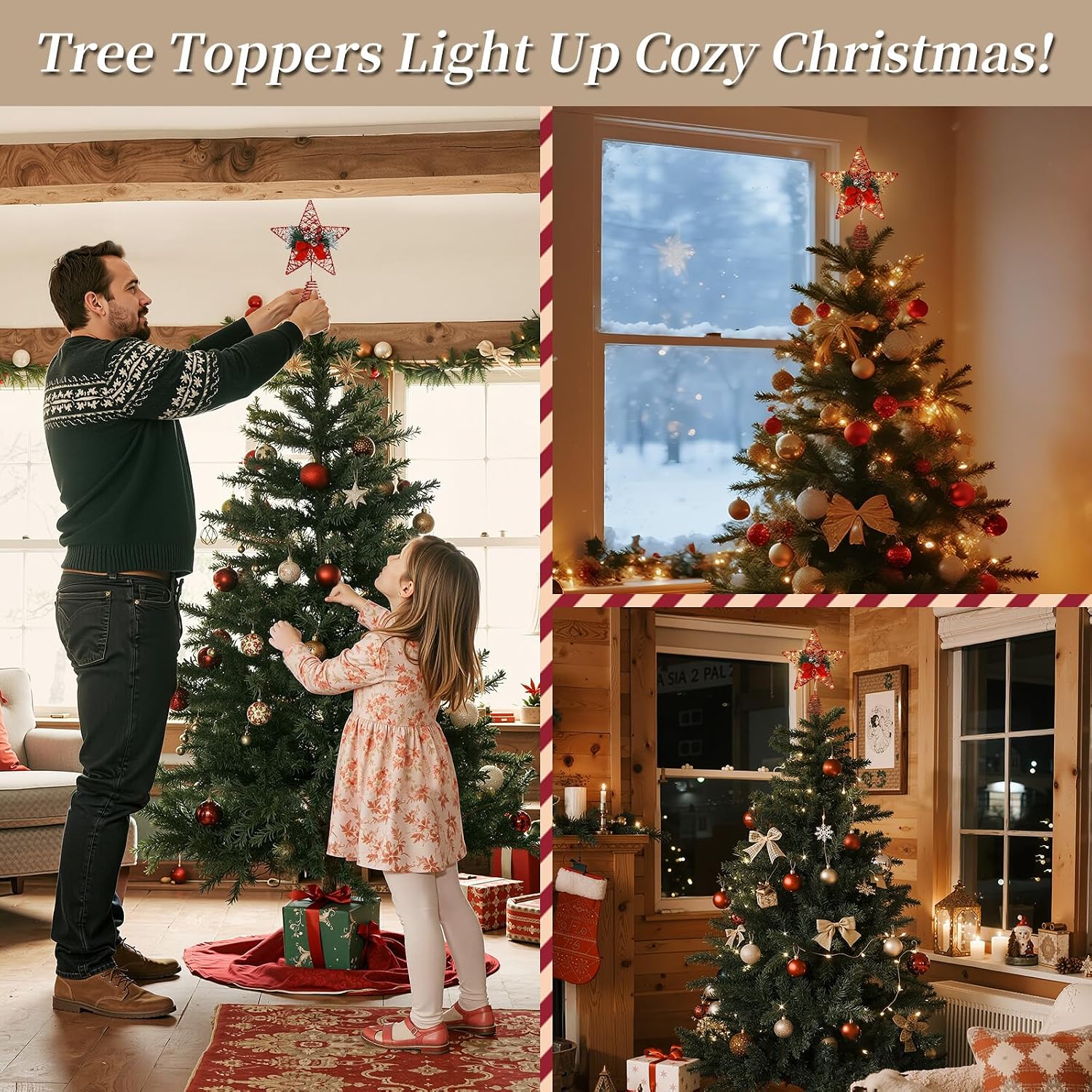 Lewondr Christmas Tree Topper, 8'' Small Metal Christmas Star Tree Topper with Pine Leaves and Bow, 30 LED Bulbs, 6H Timer, 8 Light Modes, USB & Remote Control Star Treetop for Home Xmas Decor, Red