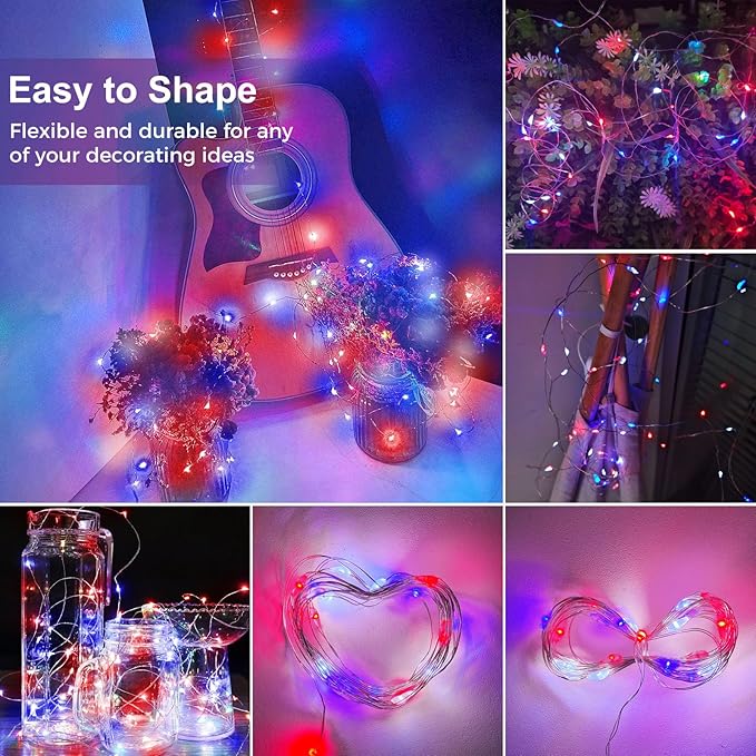 kolpop 12 Pack 4th of July Decor Patriotic Fairy Lights Battery Operated with 3 Modes, Red White Blue Twinkle String Lights Waterproof for Mason Jars Party