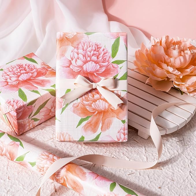 WRAPAHOLIC Floral Wrapping Paper Roll - Mini Roll - 17 Inch x 9.8 Feet - Peach Flower Wrapping Paper, Perfect for Girls Women Birthday, Wedding, Bridal Shower