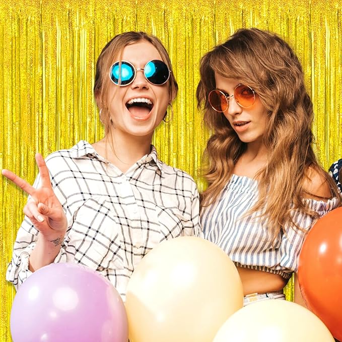 6 Pack Gold Foil Fringe Curtain Backdrop, 3.28Ft x 8.2Ft Metallic Tinsel Foil Fringe Streamer Curtains for Photo Booth, Birthday, Wedding, New Year Party Decorations