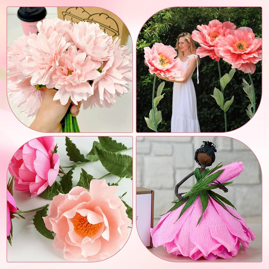 Crepe Paper Streamers 10 Rolls，10 * 98in Pastel Crepe Paper Sheets Kit for DIY Gift Colourful Paper Flower with 100 Pcs Flower Stalk，Gardening Tape，Scissors，Double-Sided Tape and Glue Sticks (Pink)