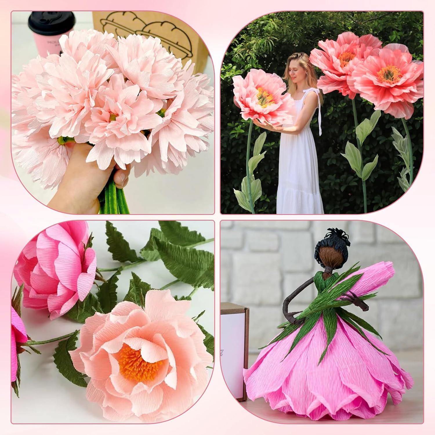 Crepe Paper Streamers 10 Rolls，10 * 98in Pastel Crepe Paper Sheets Kit for DIY Gift Colourful Paper Flower with 100 Pcs Flower Stalk，Gardening Tape，Scissors，Double-Sided Tape and Glue Sticks (Pink)