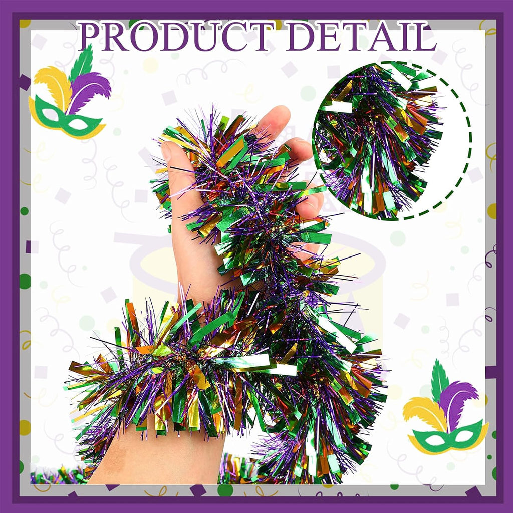 33FT Mardi Gras Tinsel Garland Purple Green Gold Metallic Twist Foil Tinsel Garland Hanging Garland for Carnival Party Indoor Outdoor Decoration