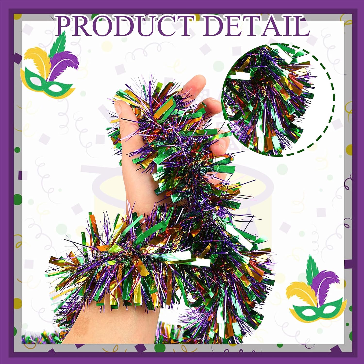 33FT Mardi Gras Tinsel Garland Purple Green Gold Metallic Twist Foil Tinsel Garland Hanging Garland for Carnival Party Indoor Outdoor Decoration