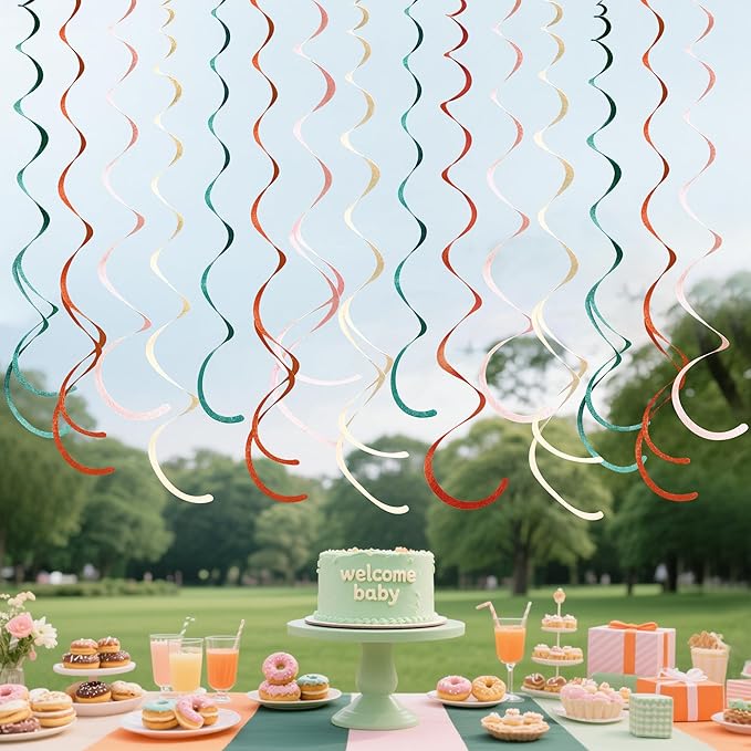 36 Pcs Boho Hanging Swirl Decorations Aqua Green Orange Pink Beige Felt Swirl Streamer Spiral Ceiling Garland for Birthday Engagement Baby Shower Wedding Bridal Shower Party Supplies Nursery Decor