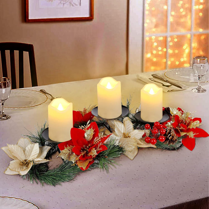 FORUP Christmas Centerpiece, Christmas Candle Holders, Christmas Tabletop Poinsettia Centerpiece with 3 Flameless Candle, Romantic Holiday Candelabrum for Home Party Christmas Table Mantel Decorations