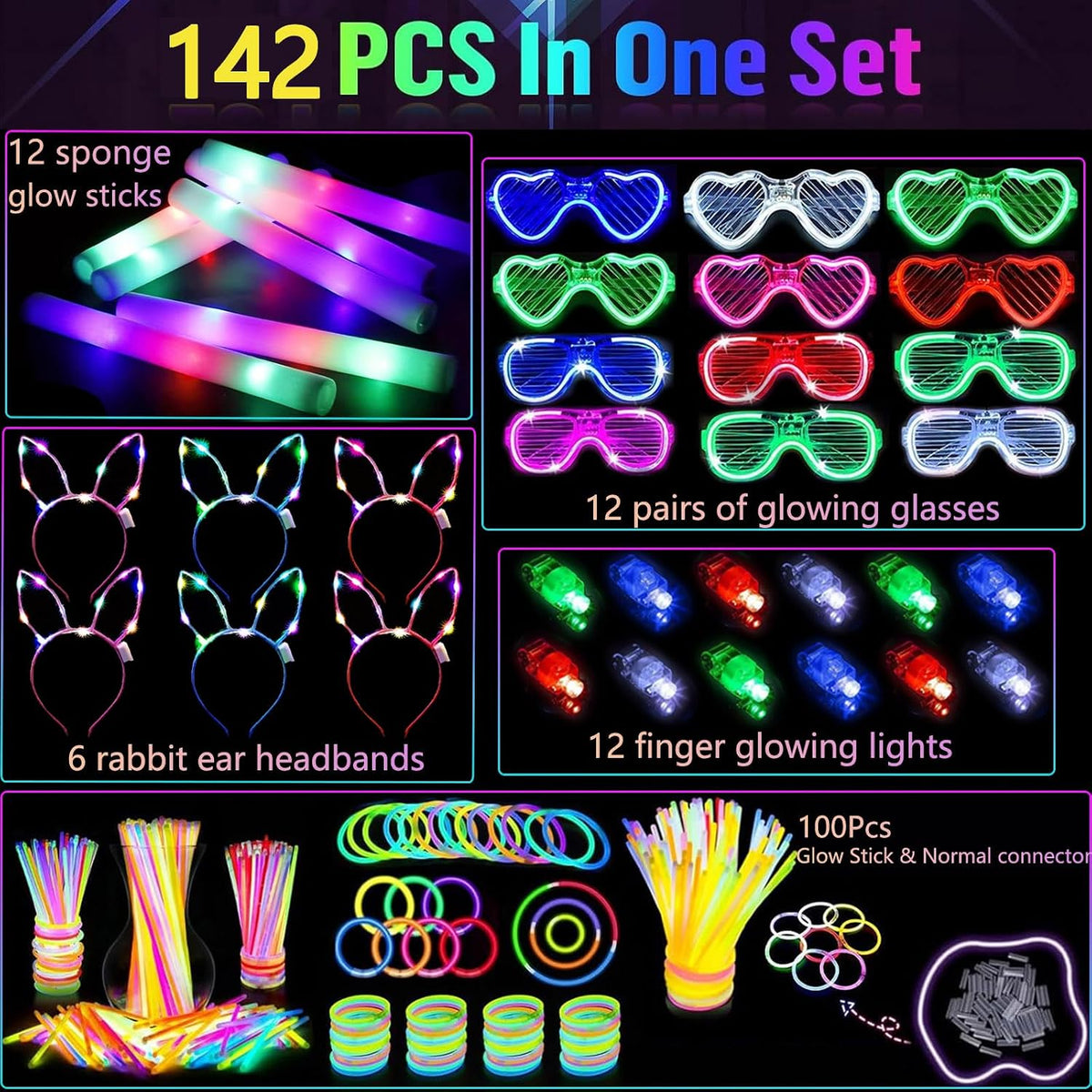 142 PCS Glow in the Dark Party Supplies, 12 Foam Sticks, 12PCS LED Glasses,6P...