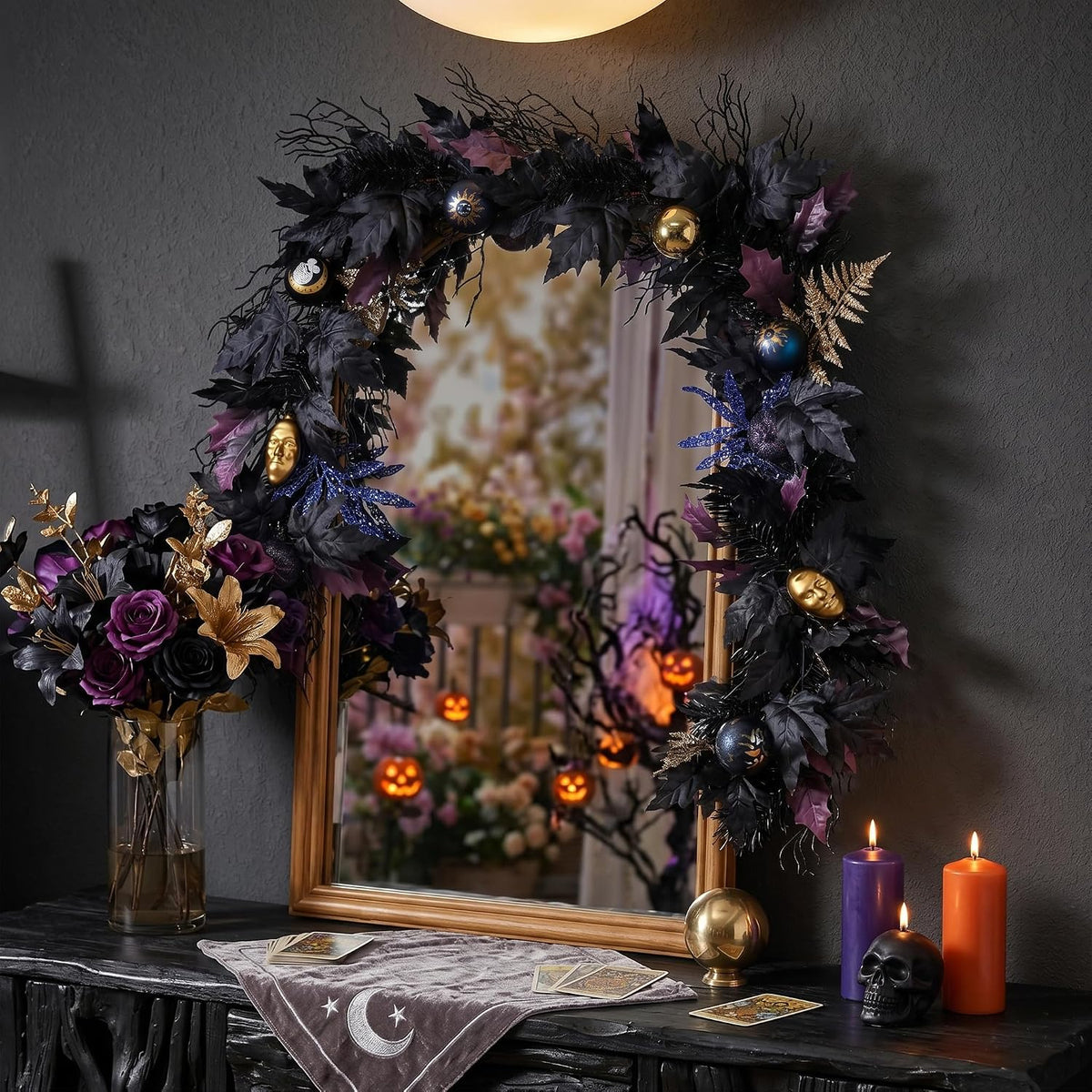 decorbyhannah 6ft halloween garland for mantle with lights on a desk or shelf