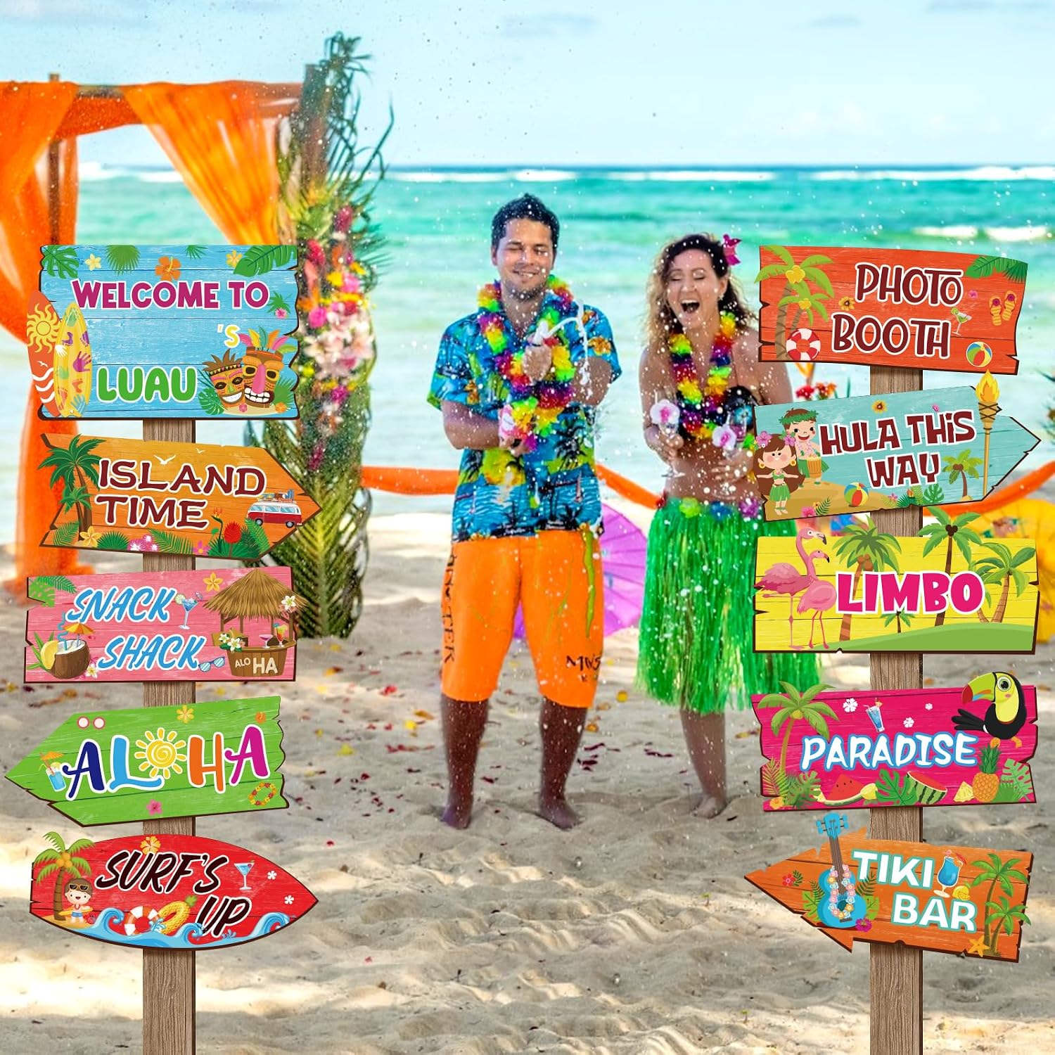20 Pieces Luau Party Decorations Hawaiian Party Welcome Sign Summer Tropical Party Direction Signs for Fiesta Hawaiian Luau Tiki Themed Birthday Wedding Party Supplies with 2 Sheet Stickers