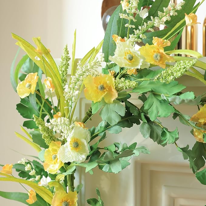Mizii Yellow Artificial Flower Garland 6FT Fake Poppy Floral Garland Hanging Vines Spring Summer Flowers Decorations for Mantle Table Centerpieces Room Wall Fireplace Wedding Decor (Yellow)