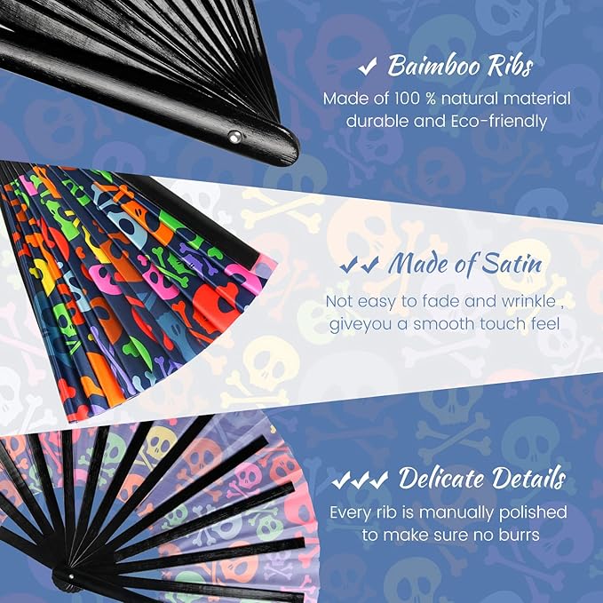 SYNTECSO Folding Hand Fan for Rave, UV Glow Fan, Large Bamboo Fan for Drag Queen, Women and Men Gift，Chinese Japanese Clack Fan for Parties, Music Festivals, EDM and Decoration