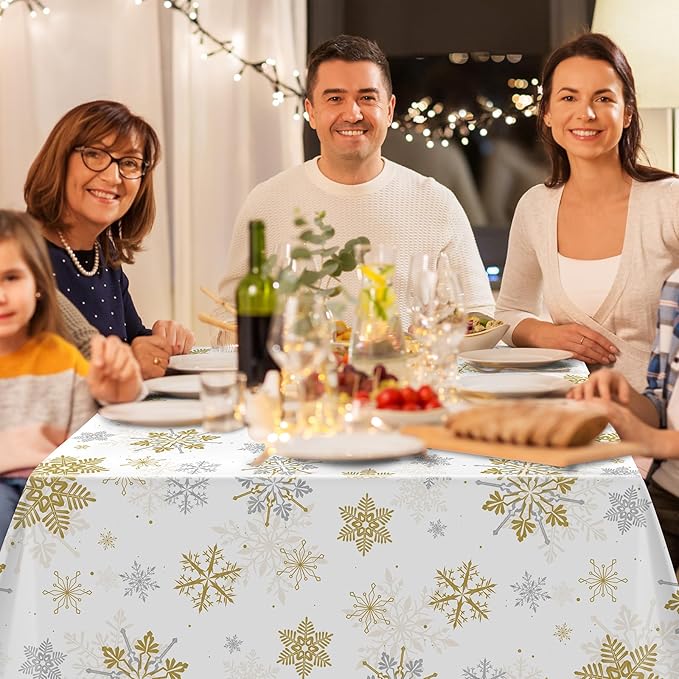 Jectivs 3Pcs Christmas Snowflake Party Tablecloths Decorations,Plastic White and Gold Table Cloth,Winter Rectangle Cover for New Year Birthday Baby Shower Holiday Decorations,54x108 inch