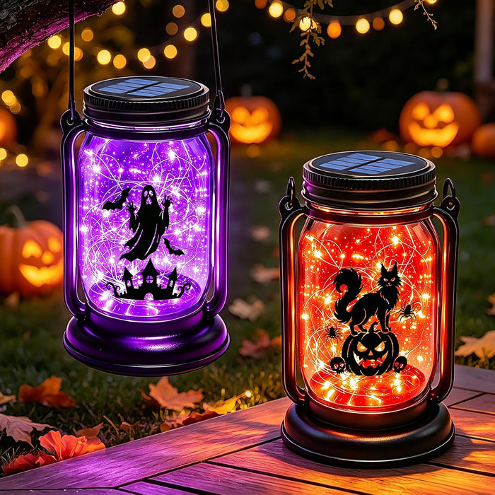 Halloween Solar Lanterns-Ghost &Cat Pumpkin Decor Hanging Mason Jar Lights