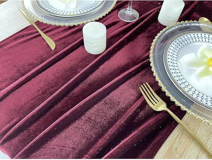 Luxurious Velvet Table Runner, 10ft Wedding Reception Decorations, 20x120inch Soft Velvet Fabric, Table Linen Overlay, Wedding Table Runners (Burgundy, 20X120inch, 5pack)