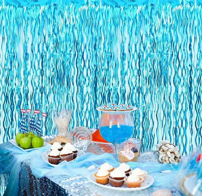 GOER 3.2 ft x 6.5 ft Metallic Tinsel Foil Fringe Curtains Party Photo Backdrop Party Streamers for Birthday,Graduation,New Year Eve Decorations Wedding Decor (1 Pack,Wavy Light Blue)