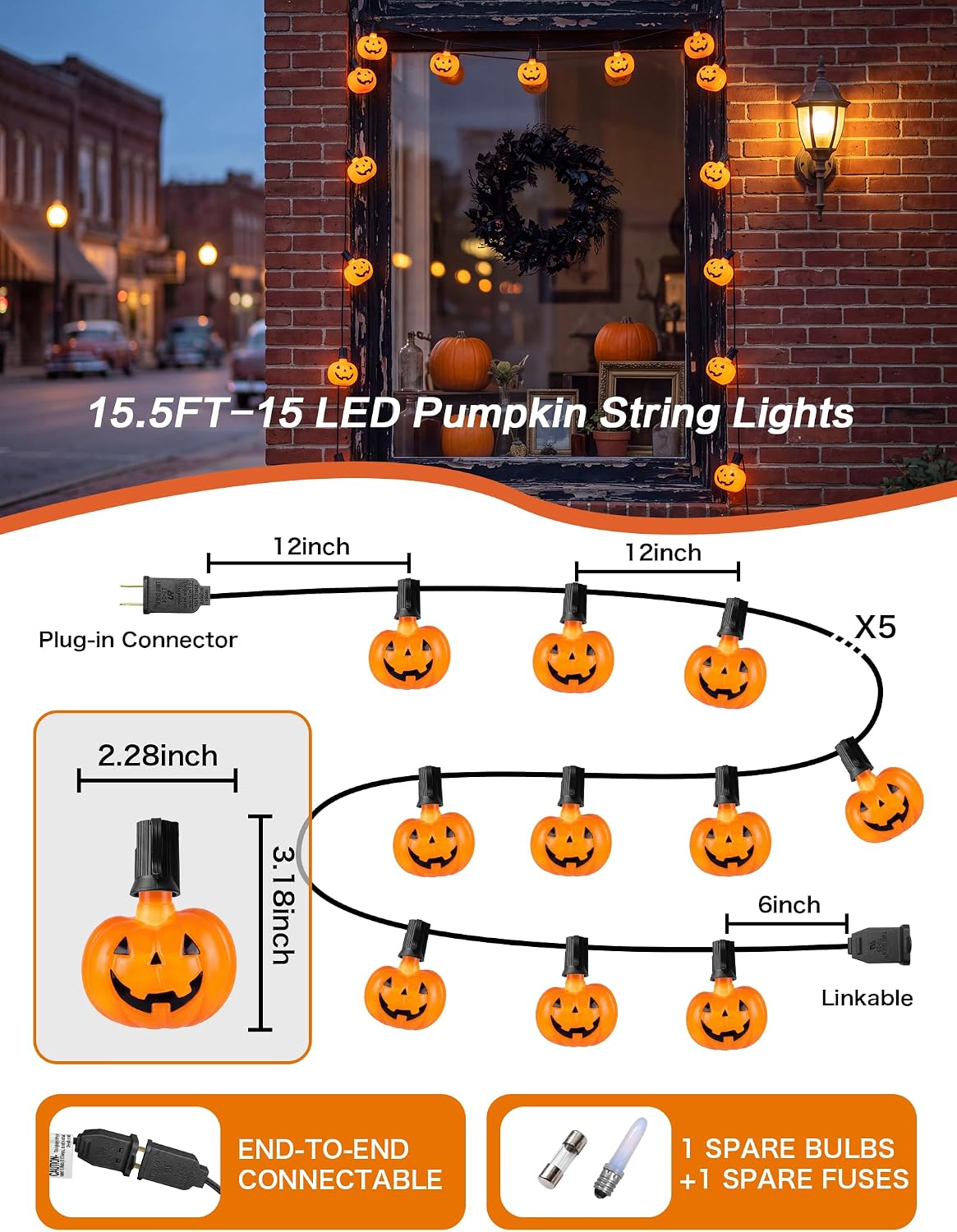 15.5FT Halloween Pumpkin String Lights, 15 LED Jack O Lantern Lights