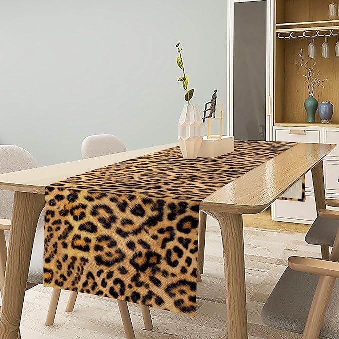 Leopard Print Dinning Table Runner, Cotton Linen Rustic Cottage Country Farm Safari Wildlife Fur Print Table Runners for Table Dresser Runner Dinning Kitchen Party Holidays Home, 13x70 Inch
