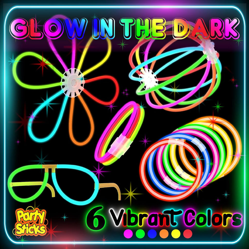 PartySticks Ultra Bright Bulk Party Supplies - Glow in The Dark Glow Sticks with Eye Glasses, Bracelets, and Connectors - Light Up Halloween 4th of July Party Favors