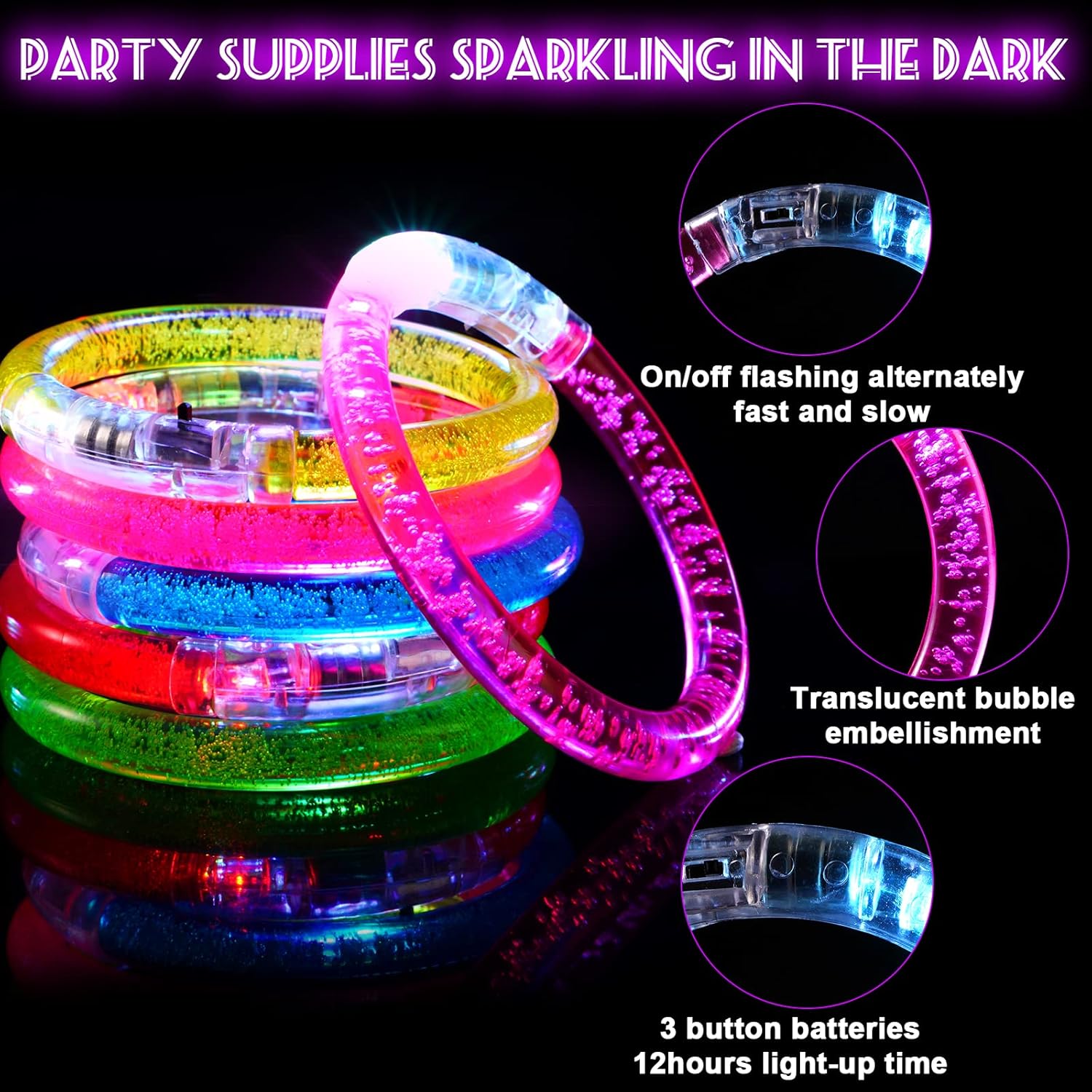 24Pcs Glow in the Dark Party Supplies for Kids/Adults, Flashing Light up Toys LED Bracelets Halloween Glow Sticks, Party Favors Carnival Birthday Concert Gifts Accessory