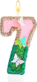 Butterfly Birthday Candles Numbers for Cakes, Pink and Green Party Decorations, Birthday Party Glitter Number 7 Candle Cake Topper with Sequins for Girls Women Anniversary Celebrations Supplies