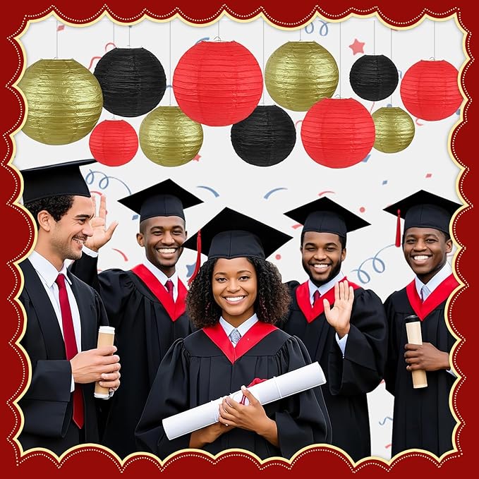 12Pcs Round Paper Lanterns Assorted Sizes (6" 8" 10" 12") for Home Decor, Wedding, Birthday, Hibachi Party, Casino Theme Party Decorations, Hanging Chinese Japanese Paper Lamps (Black Red Gold)