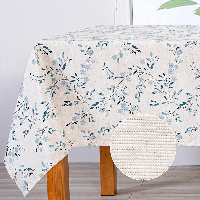 Mysky Home Rectangle Table Cloth 60x102 Inch - Spring Summer Floral Tablecloth, Waterproof Linen Fabric Oblong Table Cloth for Kitchen Dining Tablecloth for 4 Feet Table Blue, Small Blue Flower Design