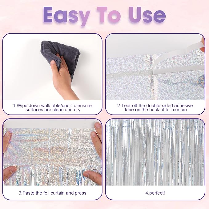 4 Pack Laser Silver Foil Fringe Backdrop Curtains, Tinsel Streamers Birthday Party Decorations, Fringe Backdrop for Graduation, Baby Shower, Gender Reveal, Disco Party