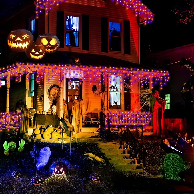KNONEW 33FT 400 LED Orange Purple Halloween Lights Outdoor Black Wire String Lights with 75 Drops, 8 Lighting Modes, Timer Memory Function Connectable Hanging Curtain Lights for Halloween Party Decor