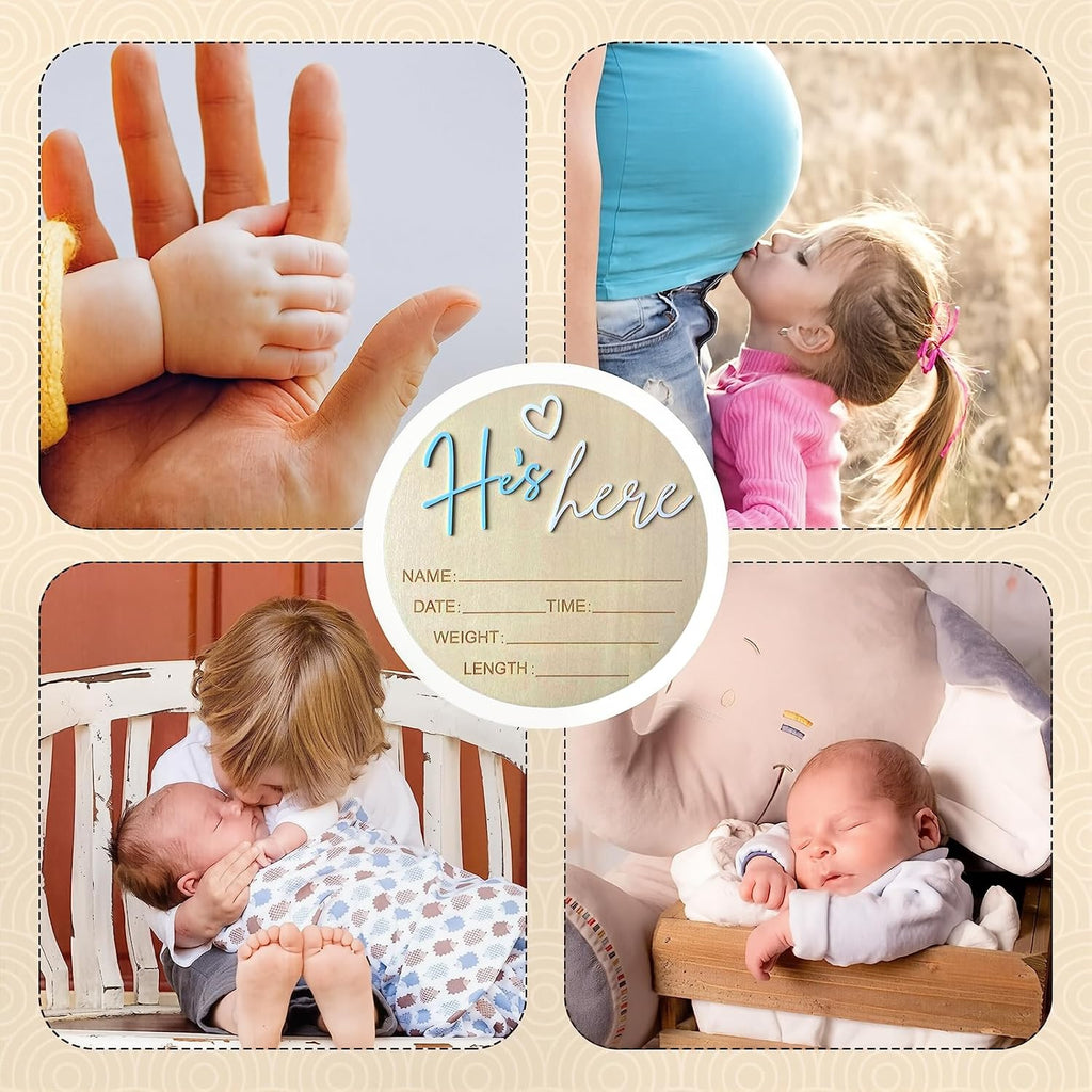 Baby Announcement Sign, 5.9 Inch Wooden Hello World Newborn Signs, Birth Announcement Sign, Gender Reveal Signs, He's here Decoration, Welcome Newborn Arrival To World (He's,Blue-A)