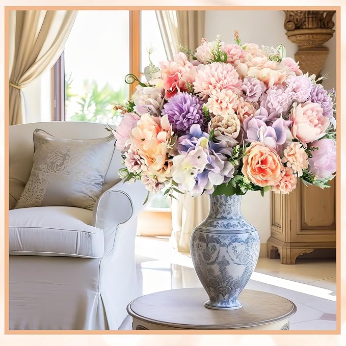 Tigeen Artificial Flowers Artificial Peonies Silk Flowers Faux Peony Fake Peony Silk Hydrangea Bouquet for Wedding Table Centerpiece Floral Vase Decor(Purple,Pink,6 Bundles)