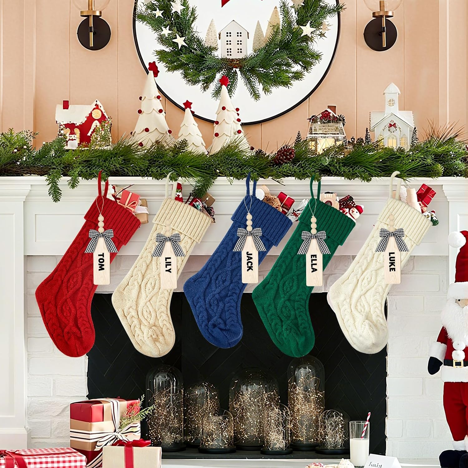 18 Inches Personalized Christmas Stockings: 4 Pack Ivory Red Green Khaki Knit Christmas Stockings Set with Name Tags Christmas Decor Neutral Xmas Decorations Holiday Farmhouse Indoor Home Decor