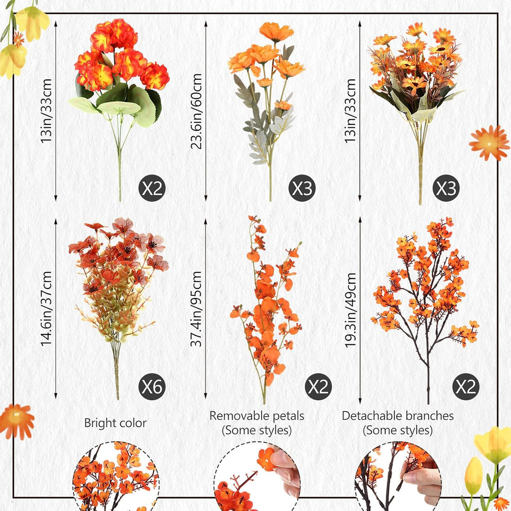44 bunches artificial fall flowers orange fake plants, close-up detail
