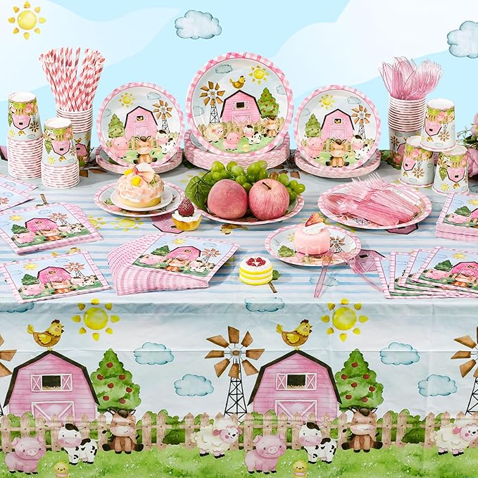 452 Pcs Pink Farm Animal Birthday Decorations for 50, Barnyard Animal Paper Plates Napkins Cups Tablecloth Cutlery Straws Barn Farm Tableware Set for Birthday Baby Shower Party Supplies