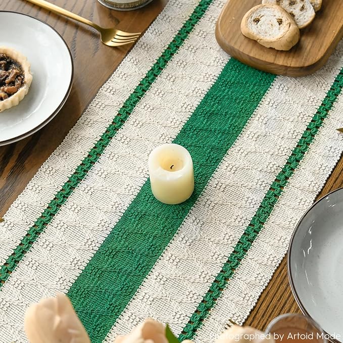 Artoid Mode Dark Green Farmhouse Woven Rustic Table Runner, Seasonal Holiday Hollow Kitchen Dining Table Decoration for Home Party Decor 12x36 Inch