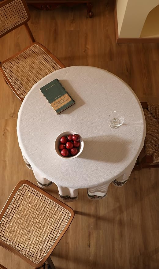 ISAENNE Designer Christmas Linen Small Round Tablecloth,Light Beige Western Elegant Table Cloth,Wrinkle Resistant Decor Tablecloths for Dining Thanksgiving Kitchen Christmas,Diameter 55"-Carol G