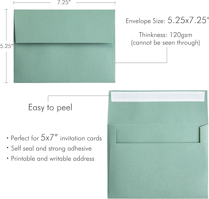 PONATIA 50 Pieces 5x7 Envelopes, Sage Green A7 Envelopes Self Seal for Weddings, Invitation Cards, Photos, Postcards, Greeting Cards Mailing, Baby Shower, Graduation, Christmas Gift Cards