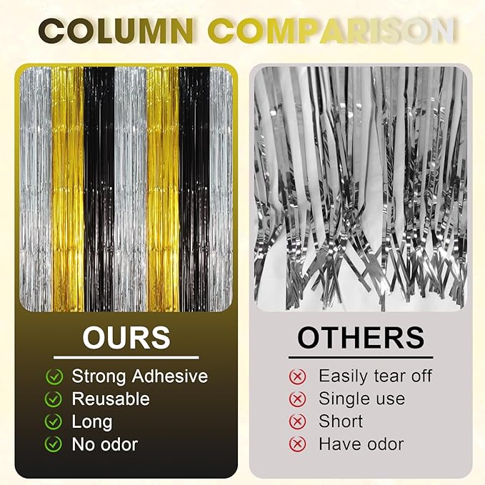 2 Pack Black Gold Silver Foil Fringe Backdrop Curtains, Tinsel Streamers Party Decorations, Fringe Backdrop, Door Shimmer for New Years or Birthday Party