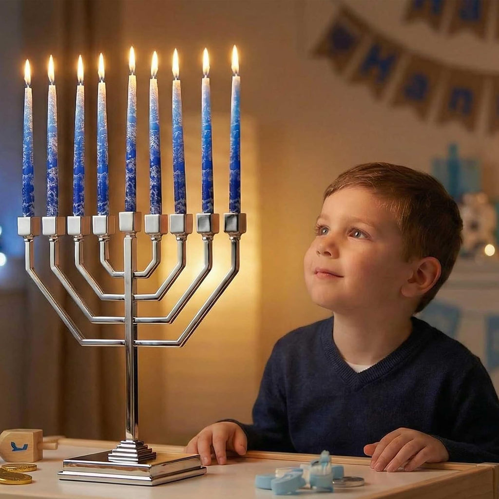 Premium Hanukkah Candles Set of 45 Frosted Multi Blue Winter Holidays Theme Candles 1-Hour Thin Tapered for All Hanukah Nights with DIY Dreidel & Chanukah Candle Lighting Blessings