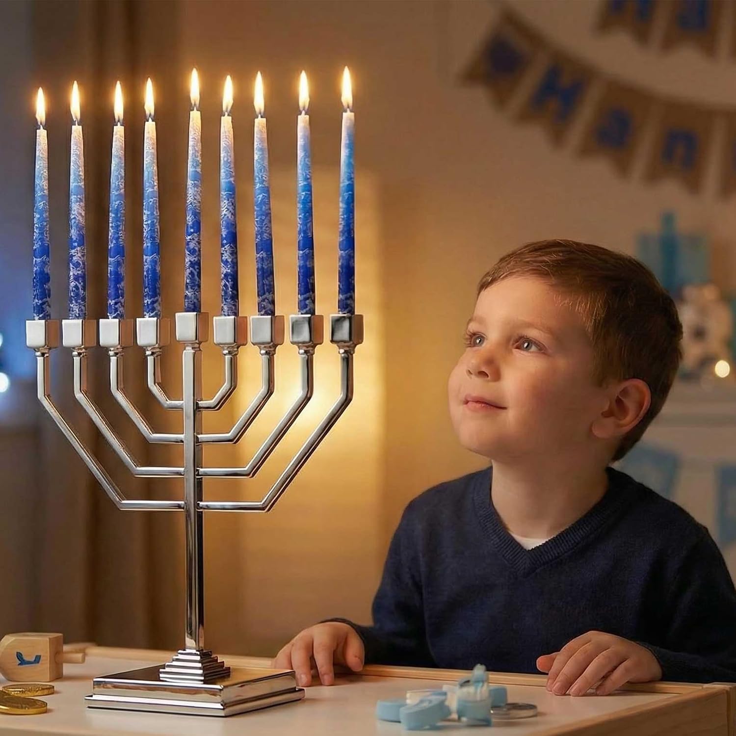 Premium Hanukkah Candles Set of 45 Frosted Multi Blue Winter Holidays Theme Candles 1-Hour Thin Tapered for All Hanukah Nights with DIY Dreidel & Chanukah Candle Lighting Blessings