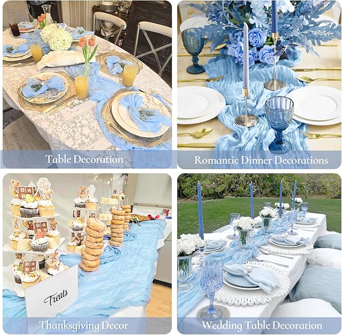 3 Pack Baby Blue Table Runner Boho Gauze Cheesecloth Table Runner 120 Inches Long Light Blue Cheese Cloth Runner for Wedding Bridal Baby Shower Birthday Party Easter Decor